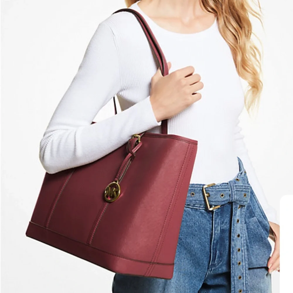 MICHAEL KORS 
Large Top Zip Shoulder Saffiano Leather Tote Bag Dark Cherry - Picture 3 of 15